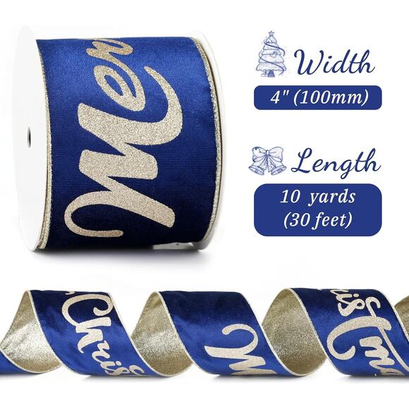 Christmas Velvet Wired Ribbon 4" Blue & Gold Merry Christmas 10 Yds - Picture 4 of 7